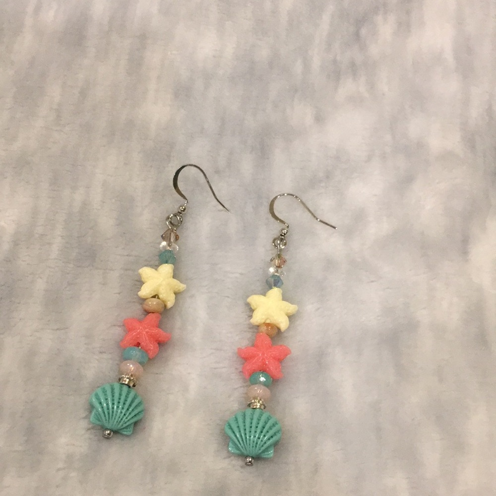 Handcrafted Starfish and Shell Beach Dangle Earrings Swarovski Crystal NWT - Picture 5 of 8